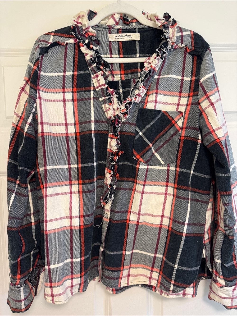 Frayed Plaid Flannel Shirt - Navy, Gray & Red -